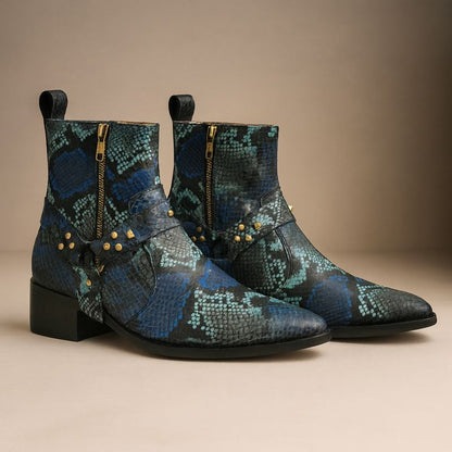 LUXURY SNAKESKIN ANKLE BOOTS – BLUE MULTI-TONE
