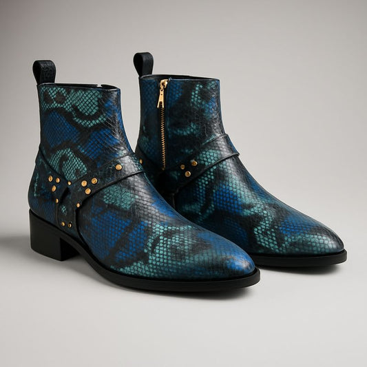 LUXURY SNAKESKIN ANKLE BOOTS – BLUE MULTI-TONE