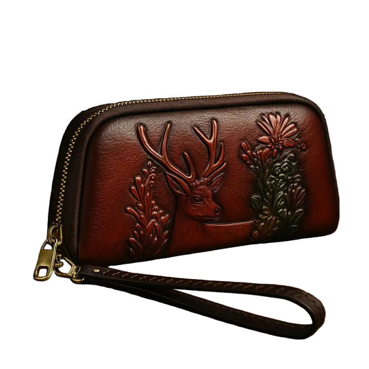 WOMEN’S LEATHER WRISTLET BAG – EMBOSSED ZIP CLUTCH PURSE