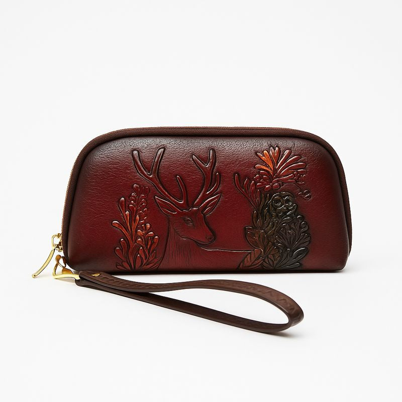 WOMEN’S LEATHER WRISTLET BAG – EMBOSSED ZIP CLUTCH PURSE