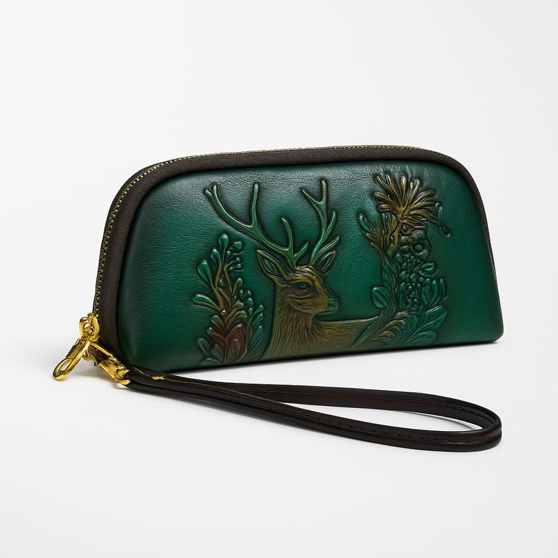 WOMEN’S LEATHER WRISTLET BAG – EMBOSSED GREEN ZIP CLUTCH