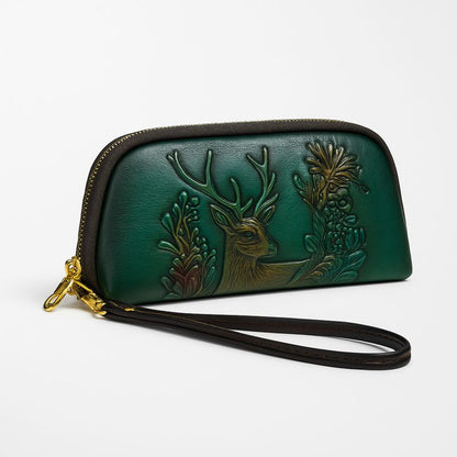 WOMEN’S LEATHER WRISTLET BAG – EMBOSSED GREEN ZIP CLUTCH