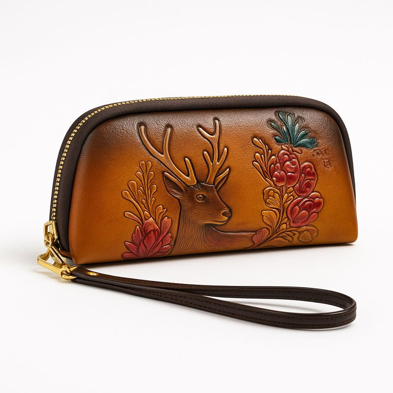 WOMEN’S LEATHER WRISTLET BAG – EMBOSSED BROWN ZIP CLUTCH