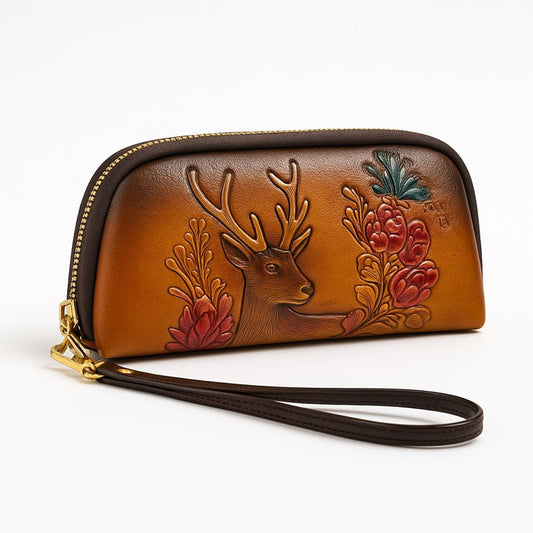 WOMEN’S LEATHER WRISTLET BAG – EMBOSSED BROWN ZIP CLUTCH
