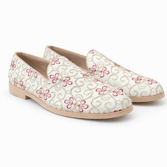 MEN’S WHITE FLORAL EMBROIDERED SLIP-ON LOAFERS – ELEGANT FESTIVE & WEDDING FOOTWEAR