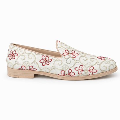 MEN’S WHITE FLORAL EMBROIDERED SLIP-ON LOAFERS – ELEGANT FESTIVE & WEDDING FOOTWEAR