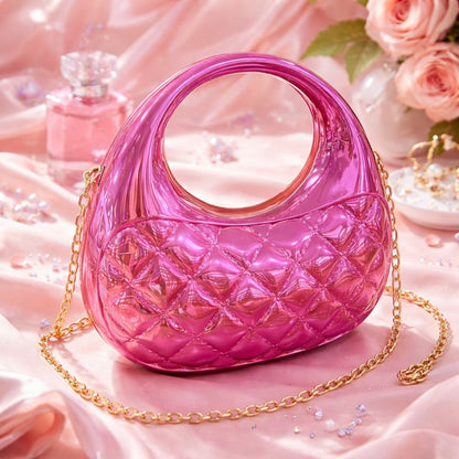 MIRROR FINISH SCULPTURAL HANDBAG WITH CHAIN STRAP – PINK