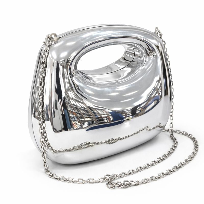 SCULPTURAL METALLIC HANDBAG WITH CHAIN STRAP – SILVER FINISH