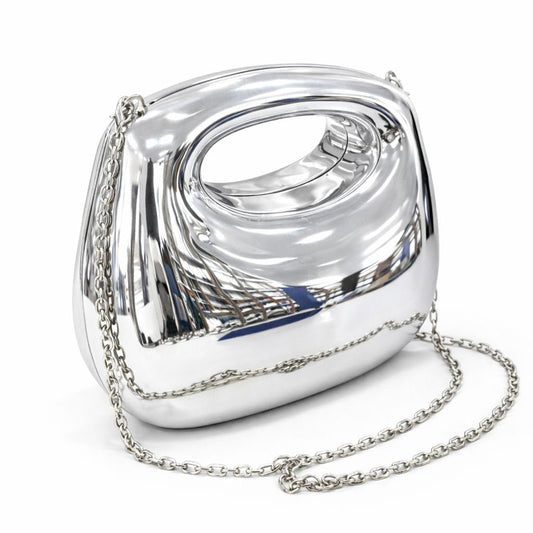 SCULPTURAL METALLIC HANDBAG WITH CHAIN STRAP – SILVER FINISH