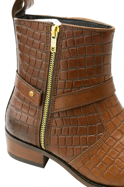 PREMIUM CROC-TEXTURE HARNESS LEATHER BOOTS – BROWN