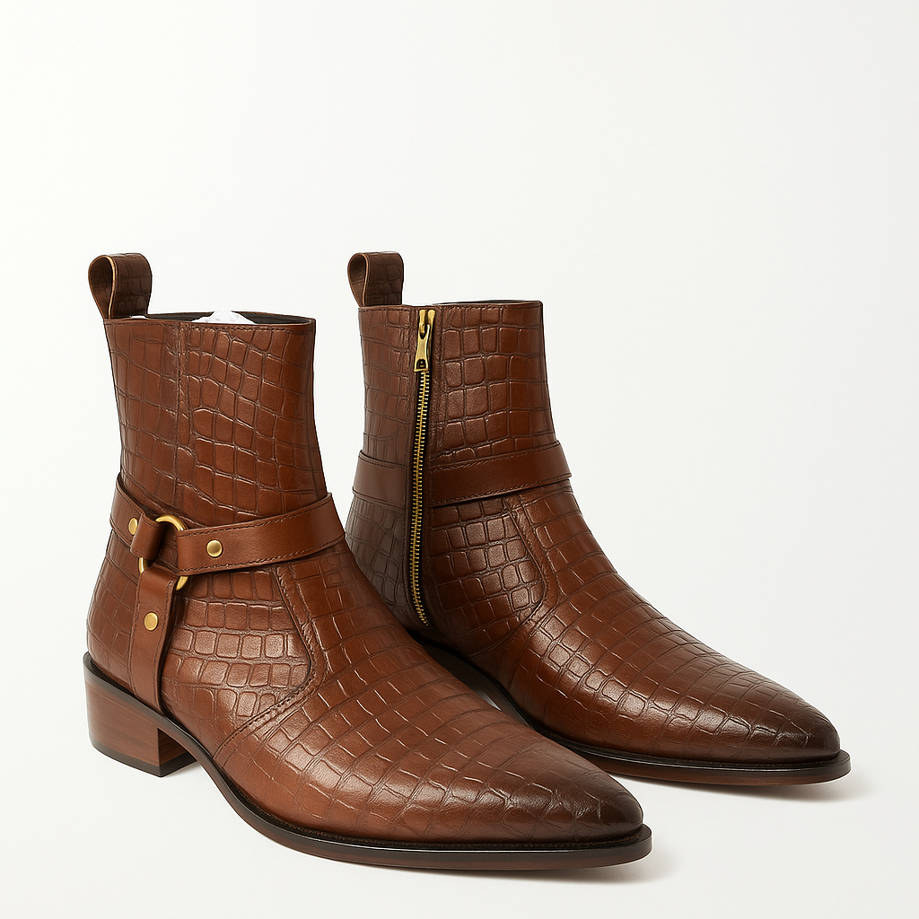 PREMIUM CROC-TEXTURE HARNESS LEATHER BOOTS – BROWN