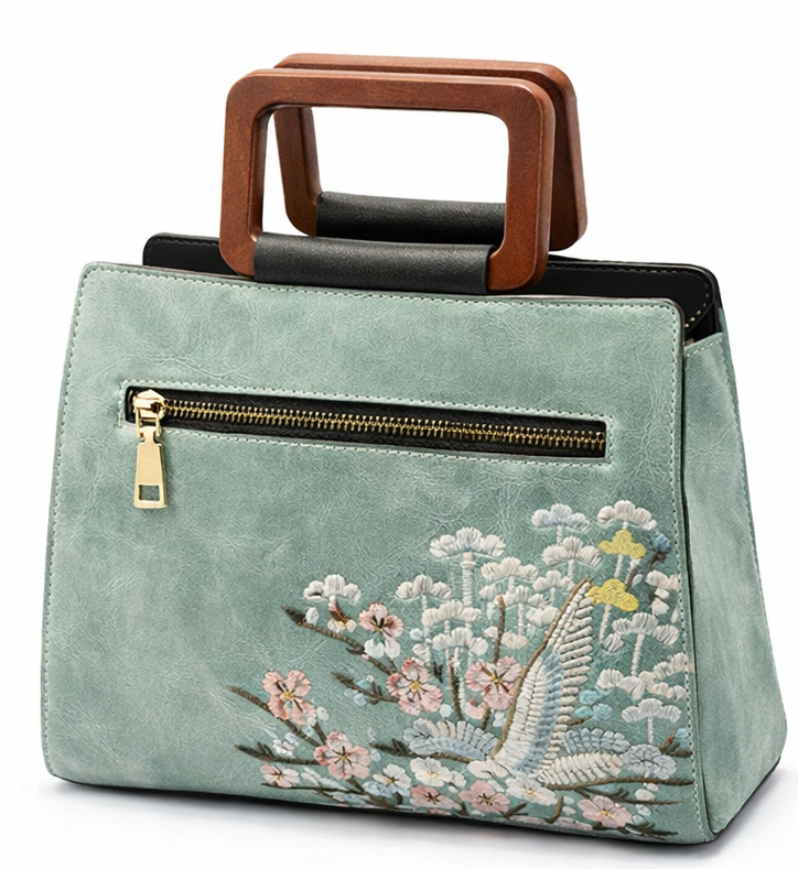 LUXURY EMBROIDERED MINT GREEN TOP HANDLE HANDBAG FOR WOMEN