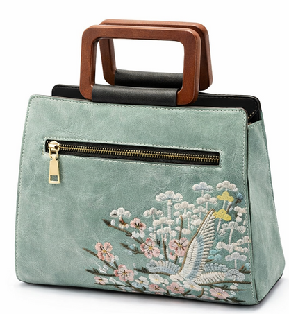 LUXURY EMBROIDERED MINT GREEN TOP HANDLE HANDBAG FOR WOMEN