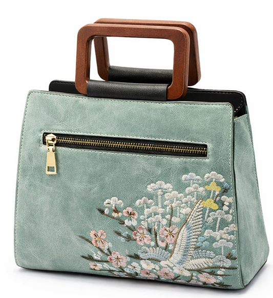 LUXURY EMBROIDERED MINT GREEN TOP HANDLE HANDBAG FOR WOMEN