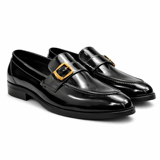 Men’s Black Patent Leather Buckle Loafers – Top View