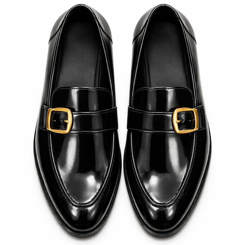 Men’s Black Patent Leather Buckle Loafers – Top View