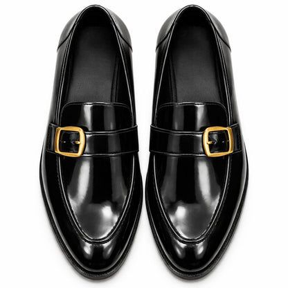 Men’s Black Patent Leather Buckle Loafers – Top View