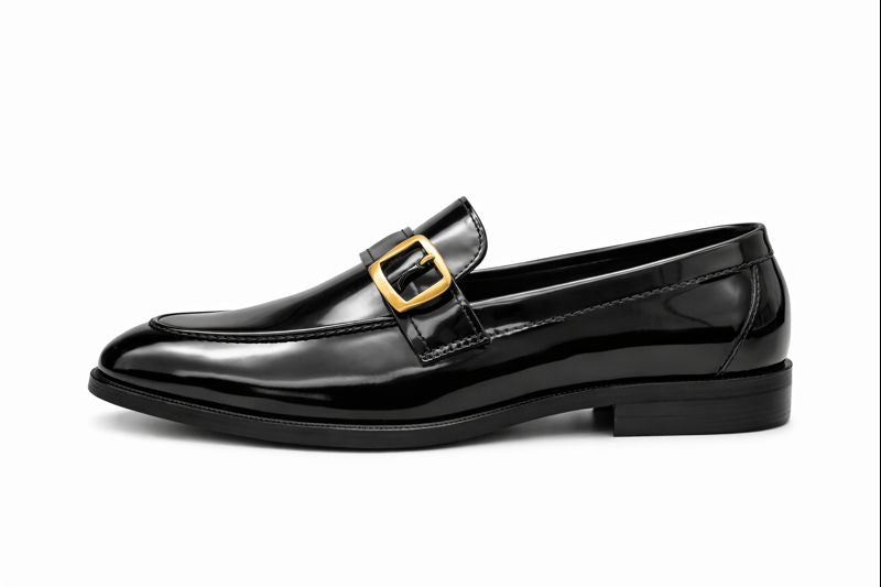 Men’s Black Patent Leather Buckle Loafers – Top View