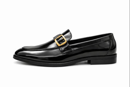 Men’s Black Patent Leather Buckle Loafers – Top View