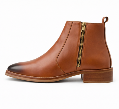 ELEGANT TAN LEATHER ZIP ANKLE BOOTS