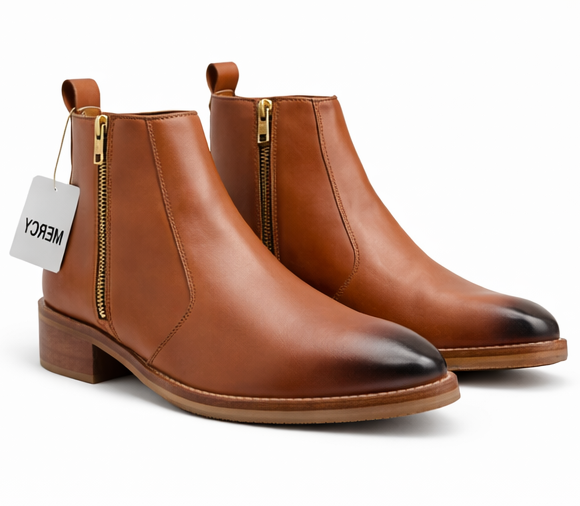 ELEGANT TAN LEATHER ZIP ANKLE BOOTS