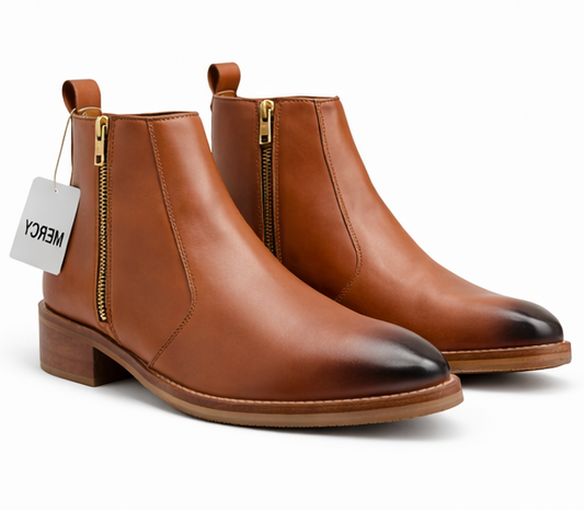 ELEGANT TAN LEATHER ZIP ANKLE BOOTS