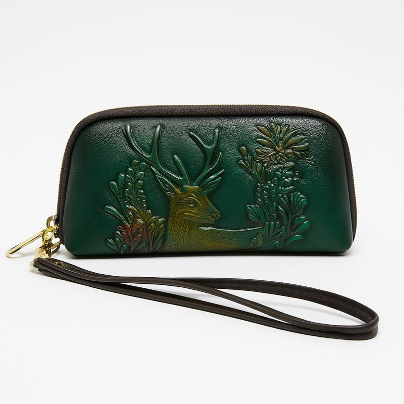WOMEN’S LEATHER WRISTLET BAG – EMBOSSED GREEN ZIP CLUTCH