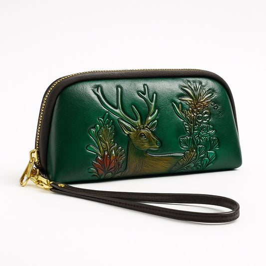 WOMEN’S LEATHER WRISTLET BAG – EMBOSSED GREEN ZIP CLUTCH