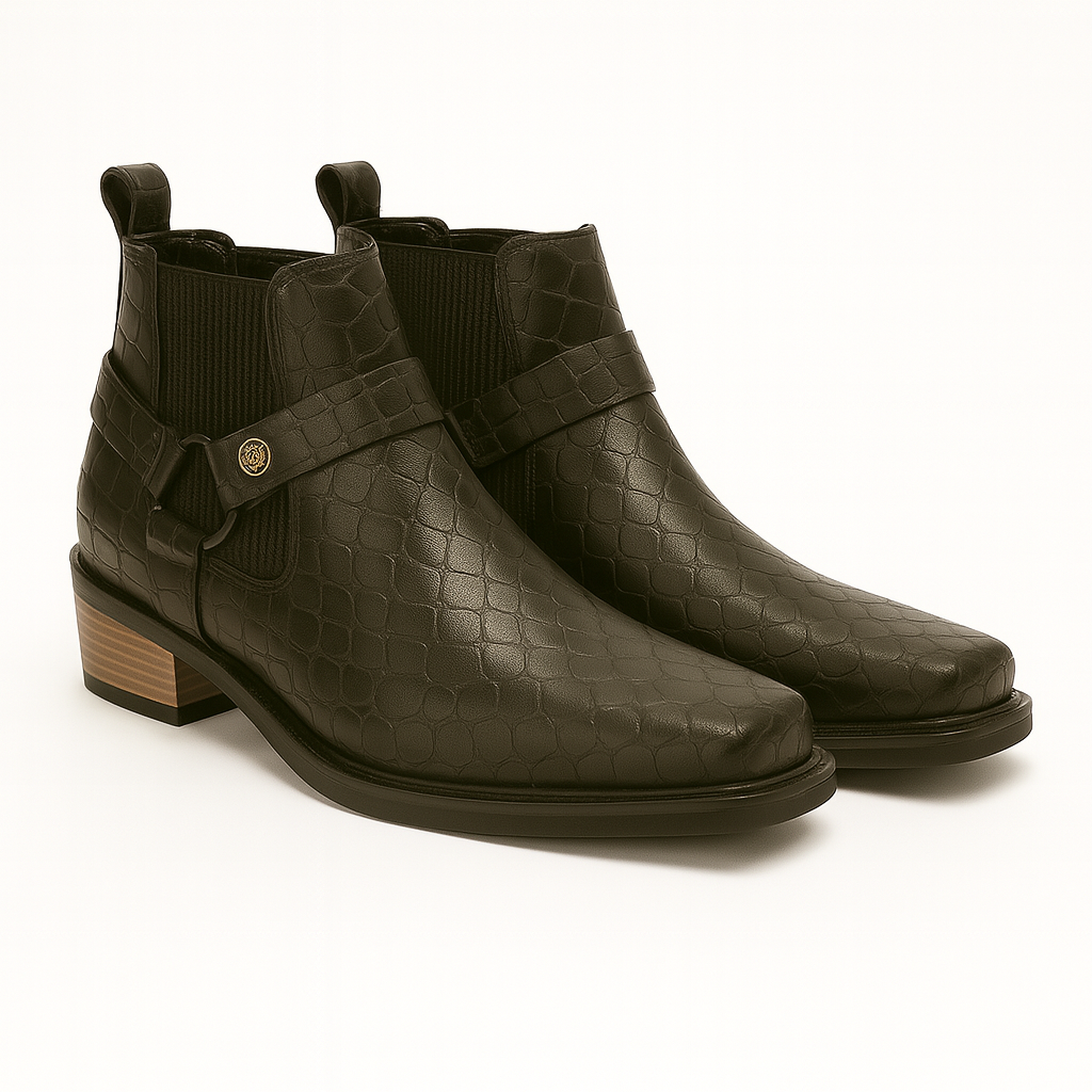 SQUARE TOE TEXTURED LEATHER CUBAN HEEL COWBOY CHELSEA
