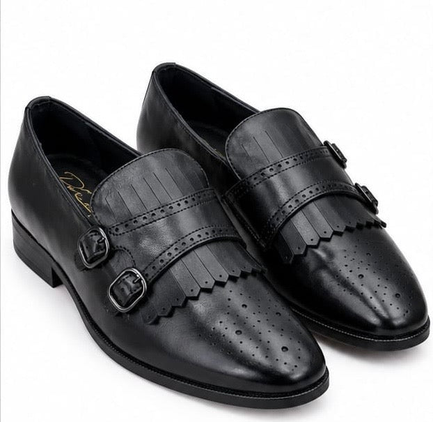 BLACK DOUBLE MONK STRAP FRINGE LOAFERS WITH BROGUE DETAILING