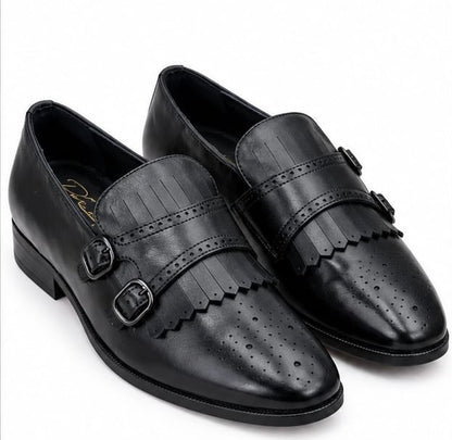 BLACK DOUBLE MONK STRAP FRINGE LOAFERS WITH BROGUE DETAILING
