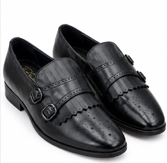 BLACK DOUBLE MONK STRAP FRINGE LOAFERS WITH BROGUE DETAILING