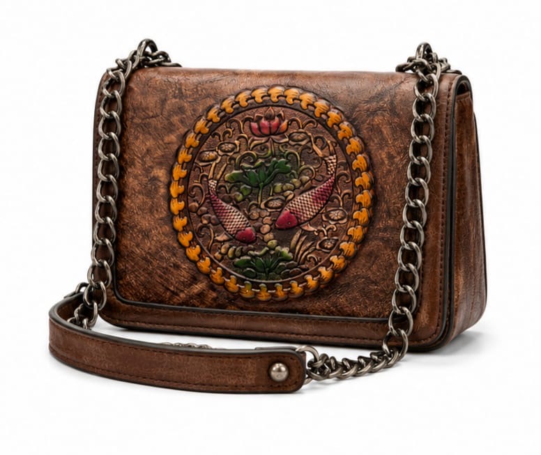 HANDCRAFTED EMBOSSED LEATHER CHAIN SHOULDER BAG