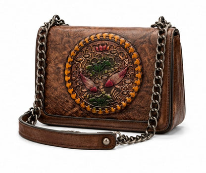 HANDCRAFTED EMBOSSED LEATHER CHAIN SHOULDER BAG