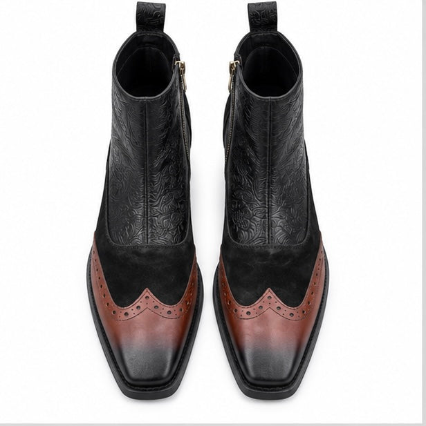 BLACK & BROWN BROGUE EMBOSSED LEATHER ANKLE BOOTS