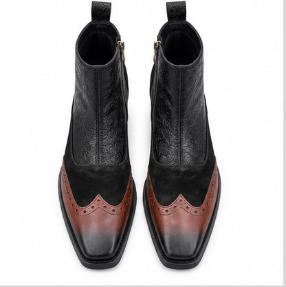 BLACK & BROWN BROGUE EMBOSSED LEATHER ANKLE BOOTS