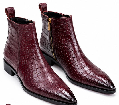 WINE RED CROCODILE EMBOSSED CHELSEA BOOTS