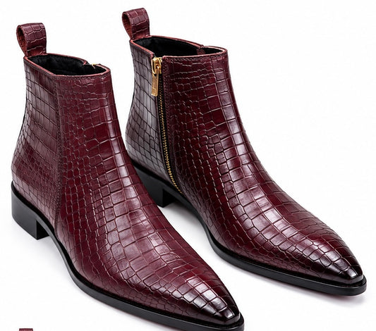 WINE RED CROCODILE EMBOSSED CHELSEA BOOTS