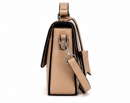 BEIGE COLOR BLOCK TOP HANDLE CROSSBODY BAG