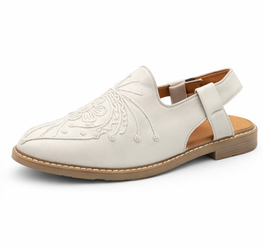 MEN'S PREMIUM WHITE DESIGNER EMBROIDERED ETHNIC SLIP-ON SANDAL SHOES