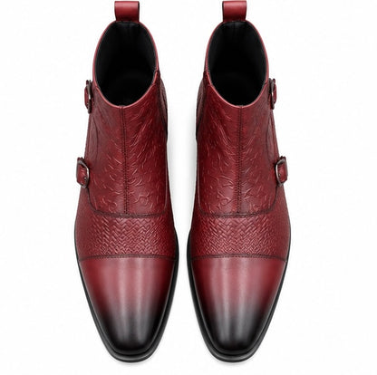 PREMIUM BURGUNDY BUCKLE DETAIL LEATHER ANKLE BOOTS