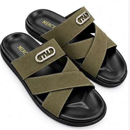 MEN’S CROSS-STRAP SLIDES – OLIVE