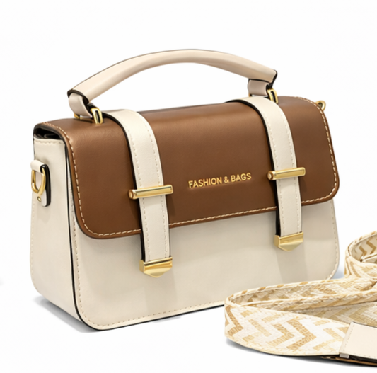 ELEGANT BROWN & CREAM TWO-TONE TOP HANDLE HANDBAG