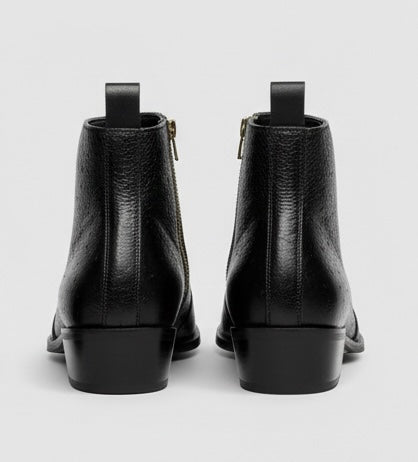 BLACK TEXTURED LEATHER ANKLE BOOTS WITH SIDE ZIPPER & GOLD HEEL DETAIL