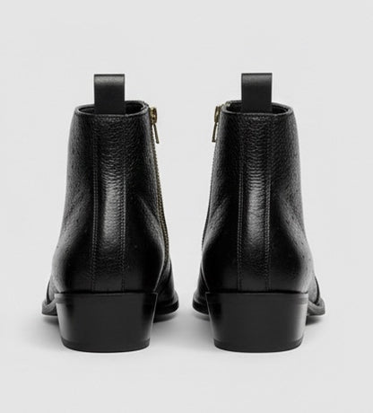 BLACK TEXTURED LEATHER ANKLE BOOTS WITH SIDE ZIPPER & GOLD HEEL DETAIL