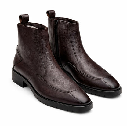 PREMIUM DARK BROWN TEXTURED LEATHER CHELSEA BOOTS WITH SIDE ZIP & DURABLE RUBBER SOLE
