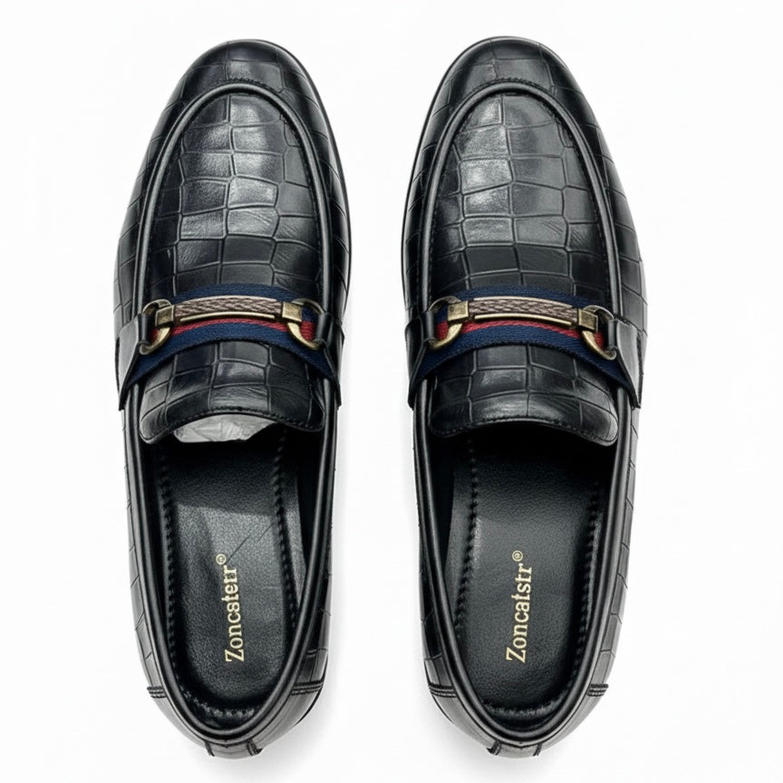 BLACK CROCODILE TEXTURED HORSEBIT LOAFERS