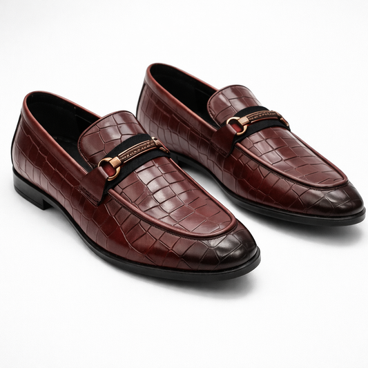BURGUNDY CROCODILE TEXTURED HORSEBIT LOAFERS