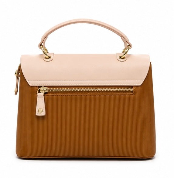 BLUSH PINK & CAMEL BROWN CLASSIC HANDBAG WITH GOLD CLASP
