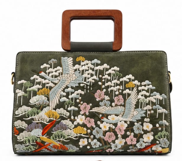 LUXURY FLORAL CRANE WOOD HANDLE SATCHEL BAG